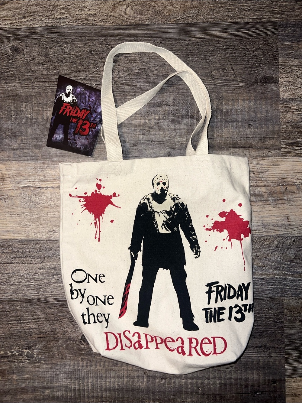 Friday the 13th Jason Tote Bag with Red Blood Splatter Design